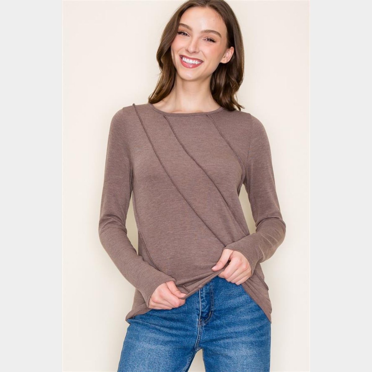 Mocha Crew Neck Out seamed Knit Top