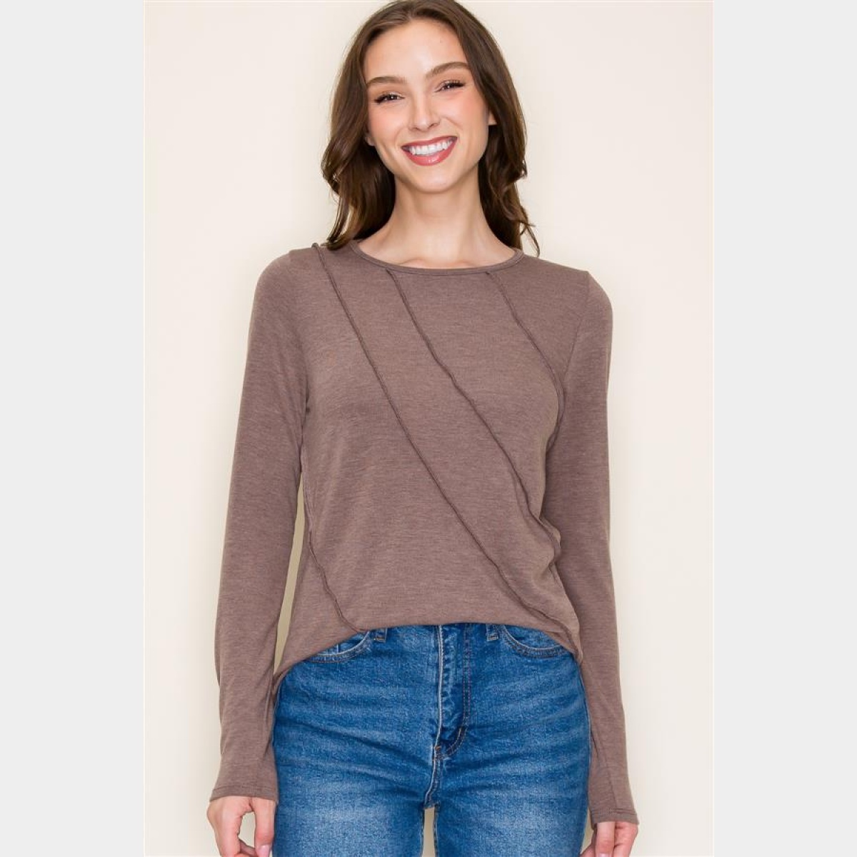 Mocha Crew Neck Out seamed Knit Top