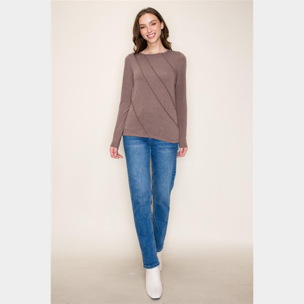 Mocha Crew Neck Out seamed Knit Top