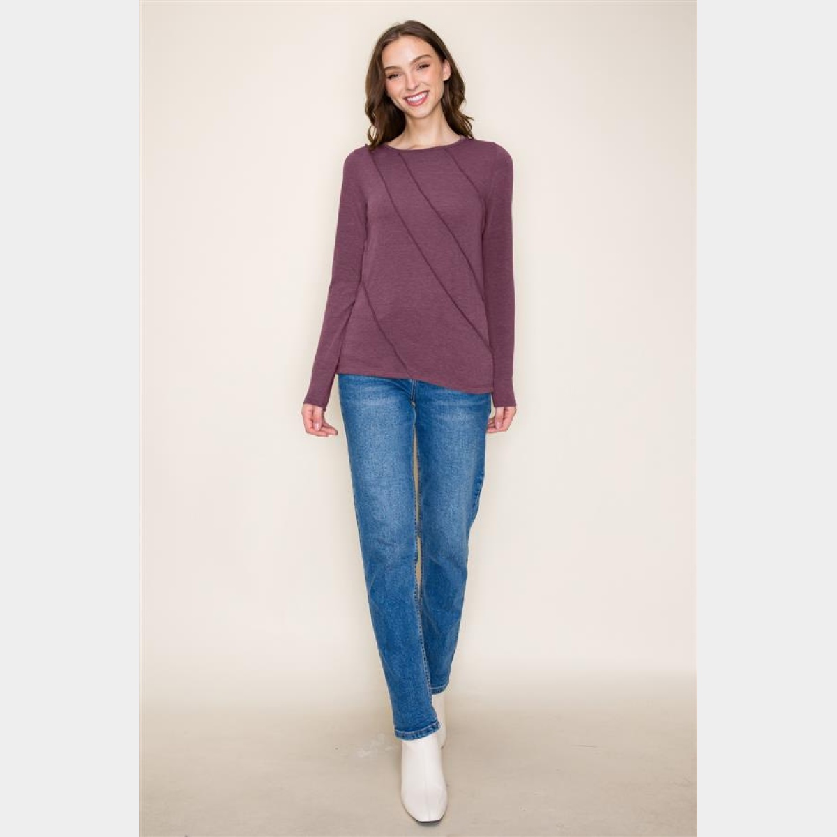 Plum Crew Neck Out seamed Knit Top