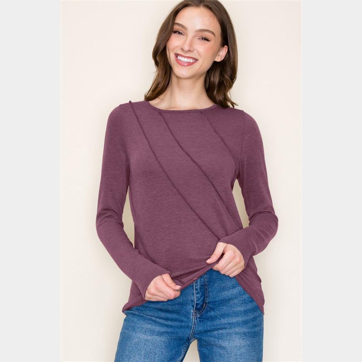 Plum Crew Neck Out seamed Knit Top