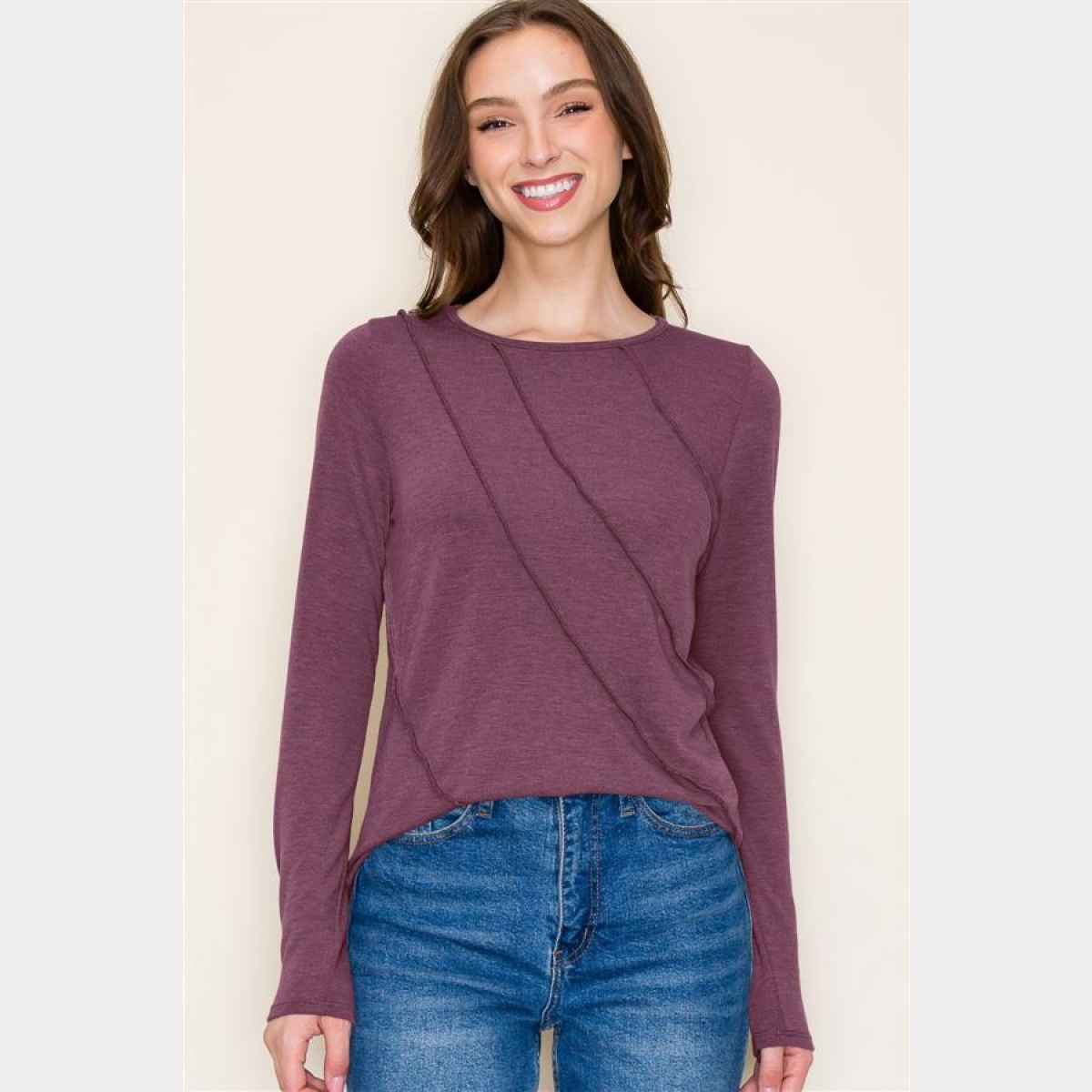 Plum Crew Neck Out seamed Knit Top