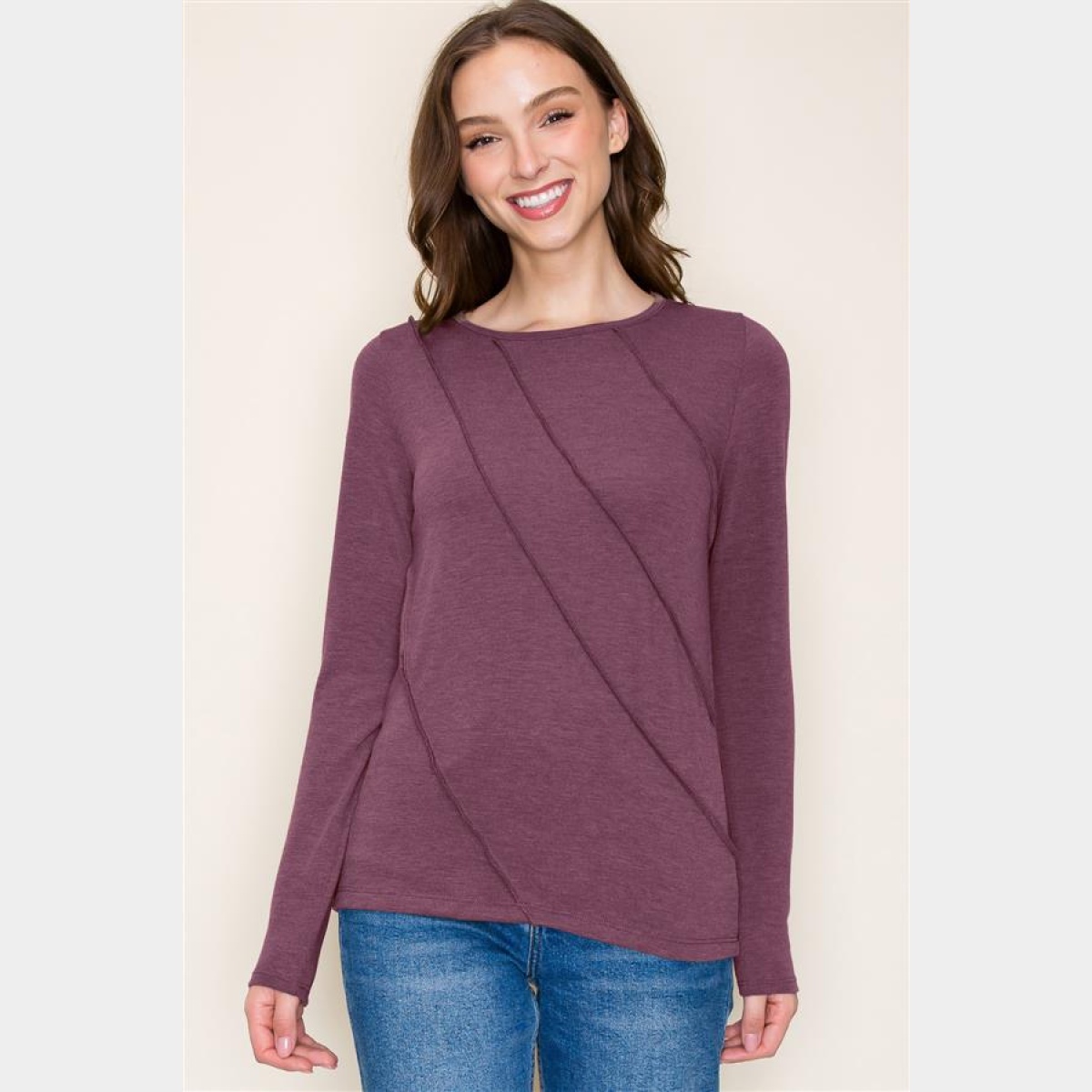 Plum Crew Neck Out seamed Knit Top