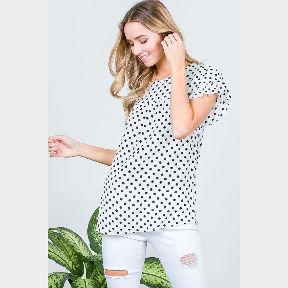 Printed Polka Dot Ruffle Sleeve Top With Keyhole Tie