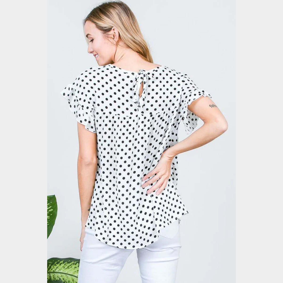 Printed Polka Dot Ruffle Sleeve Top With Keyhole Tie