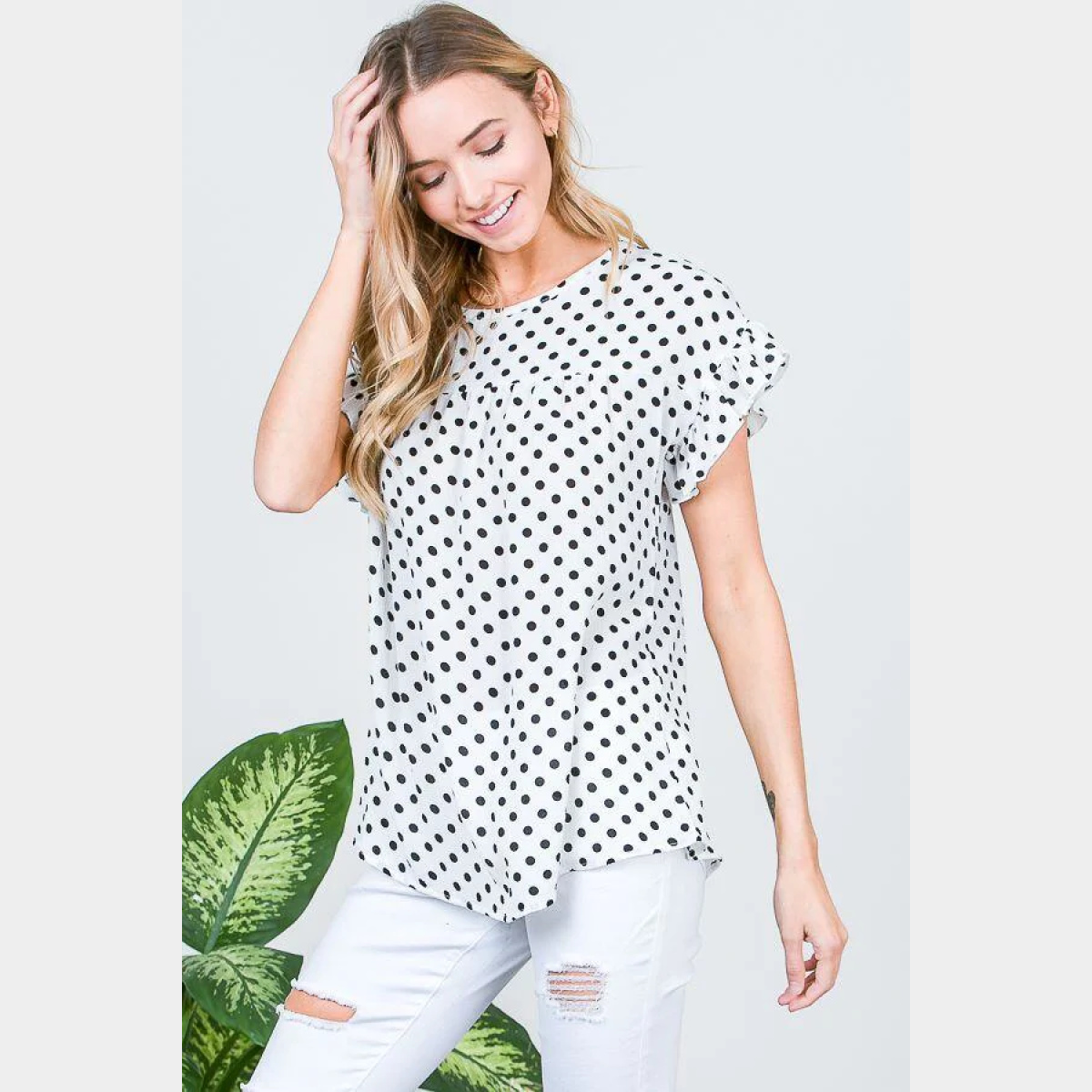 Printed Polka Dot Ruffle Sleeve Top With Keyhole Tie