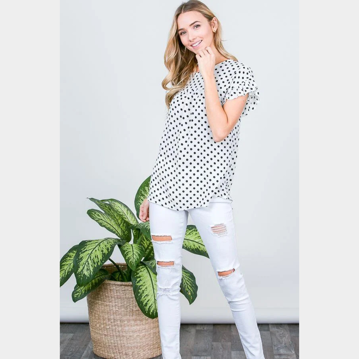 Printed Polka Dot Ruffle Sleeve Top With Keyhole Tie