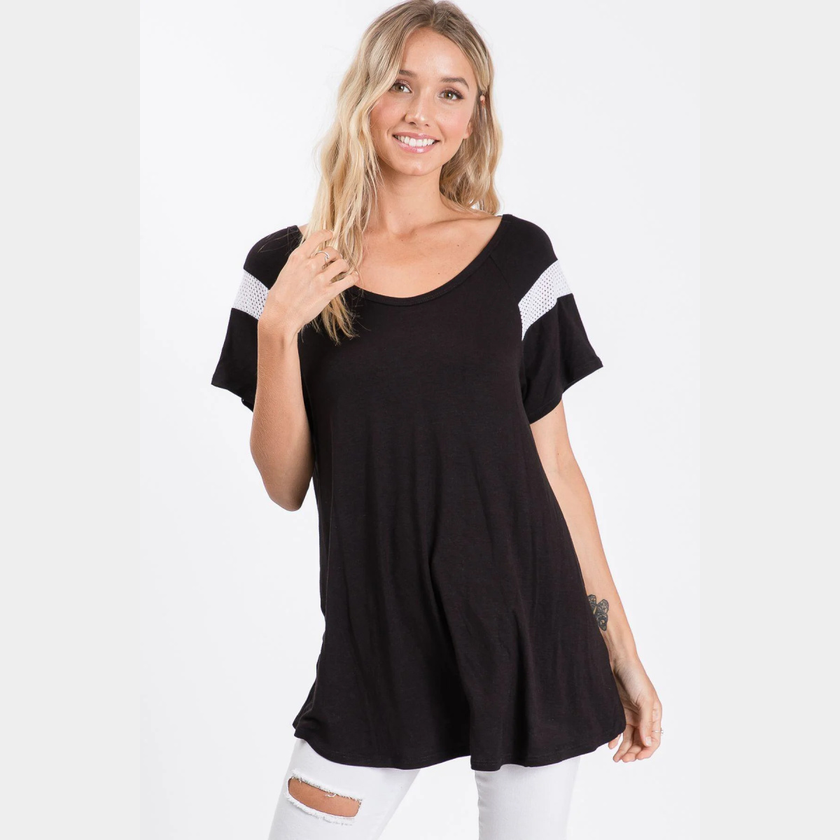 Reglan Mesh Contrast Sleeves Top