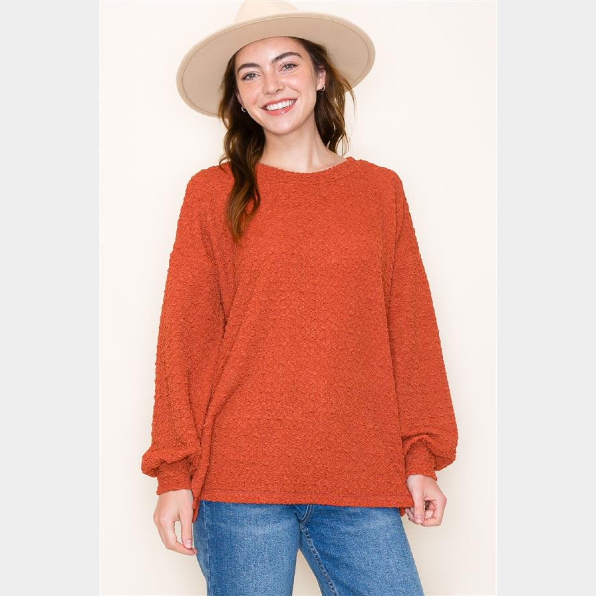 Rust Embossed Crew Neck Knit Sweater