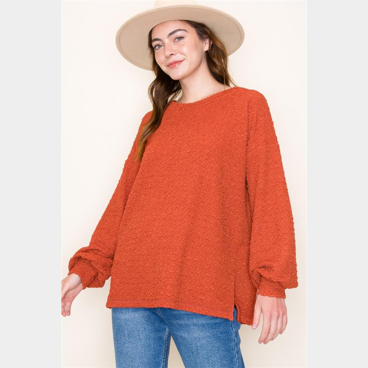 Rust Embossed Crew Neck Knit Sweater