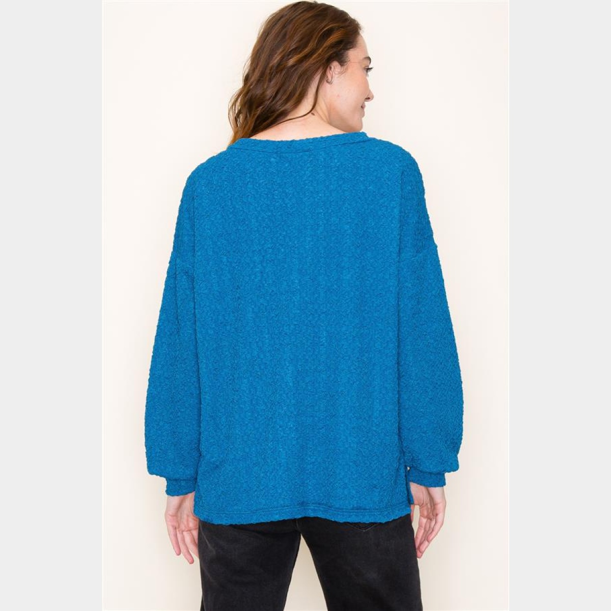 Teal Embossed Crew Neck Knit Sweater