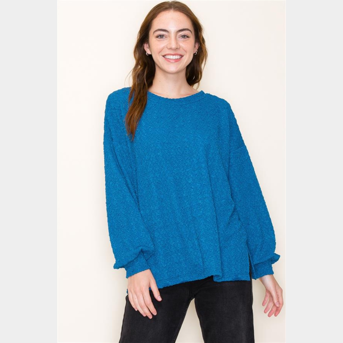 Teal Embossed Crew Neck Knit Sweater