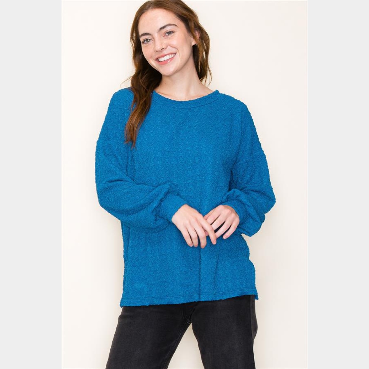 Teal Embossed Crew Neck Knit Sweater