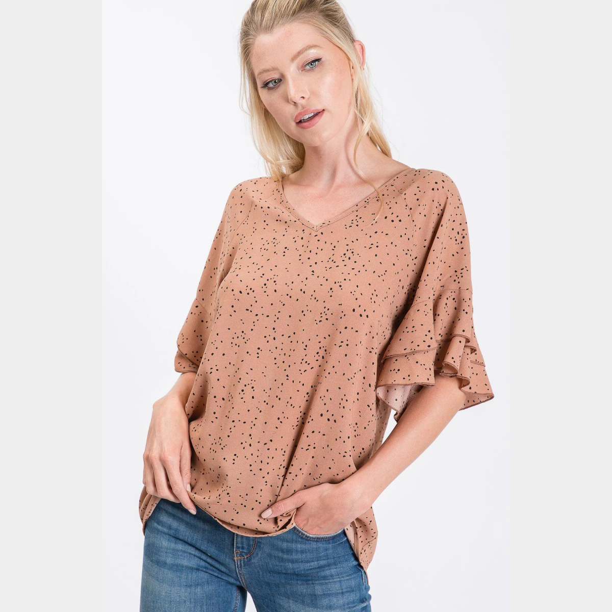 V-Neck Irregular Polka Dot Woven Top