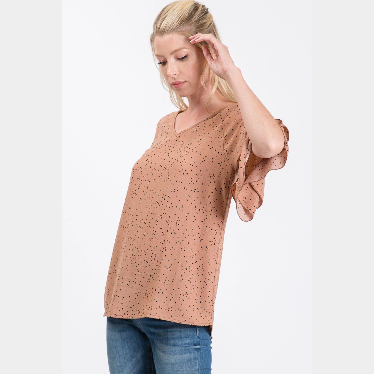 V-Neck Irregular Polka Dot Woven Top