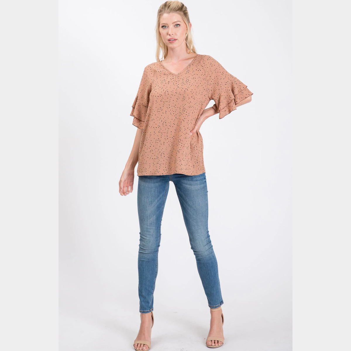 V-Neck Irregular Polka Dot Woven Top