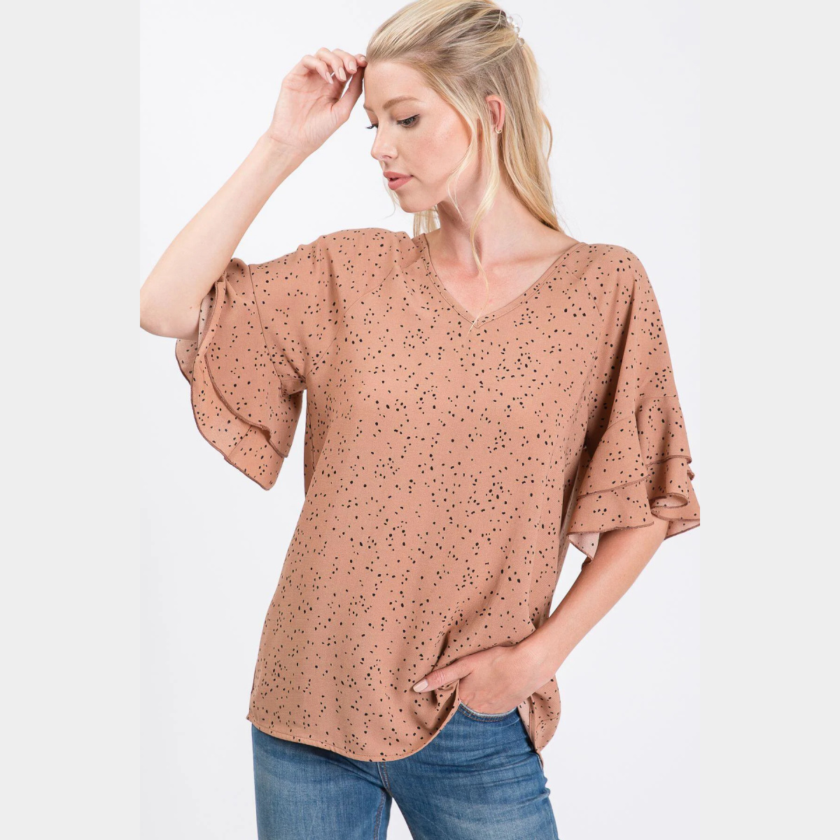 V-Neck Irregular Polka Dot Woven Top