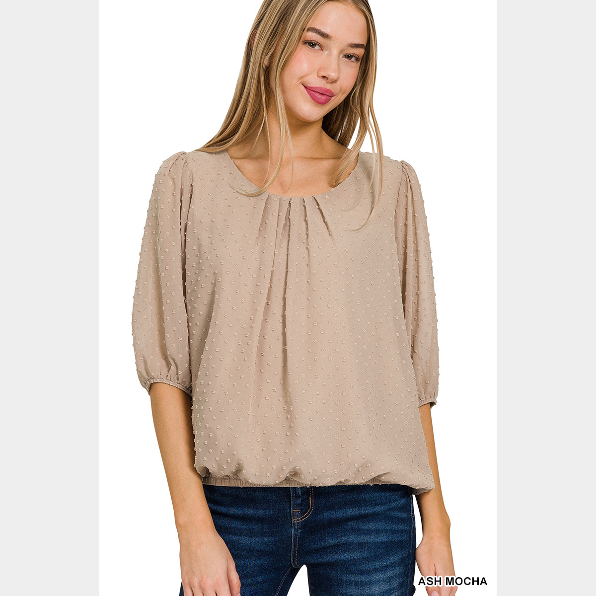 Ash Mocha Swiss Dot Puff Elastic Cuffed Sleeve Top