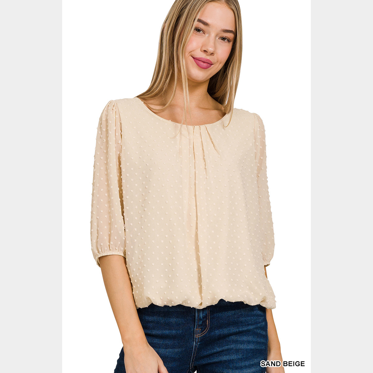 Beige Swiss Dot Puff Elastic Cuffed Sleeve Top