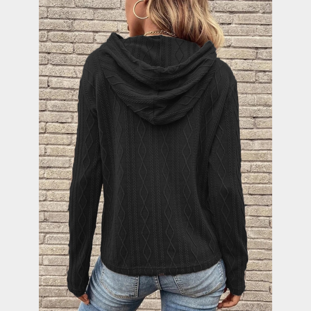 Black Solid Casual Long Sleeved Hooded