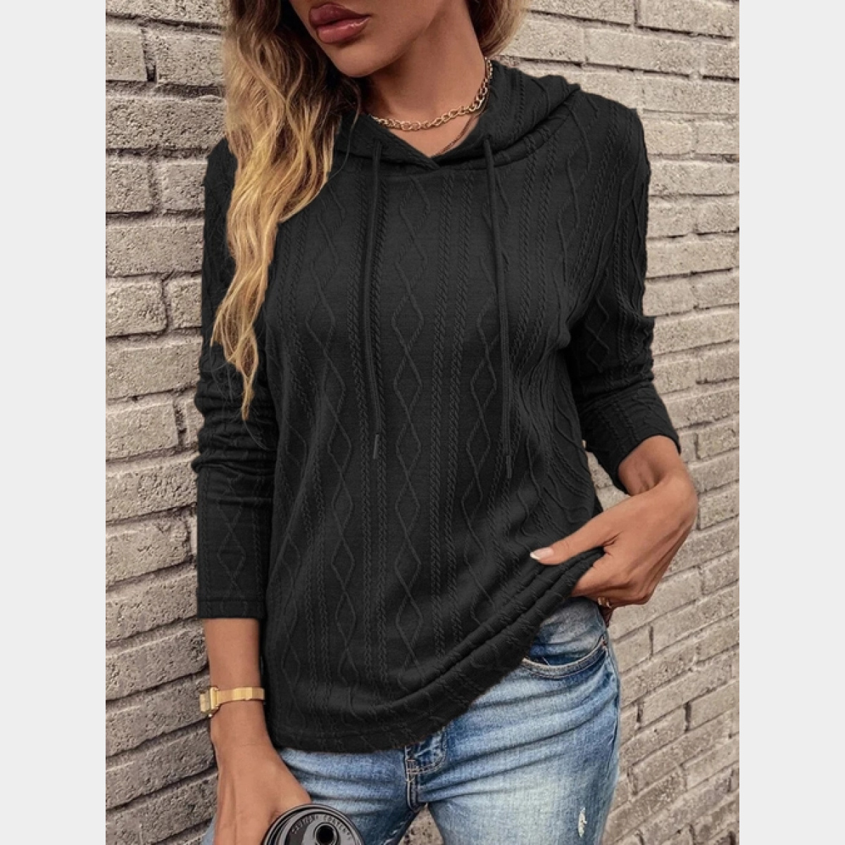 Black Solid Casual Long Sleeved Hooded