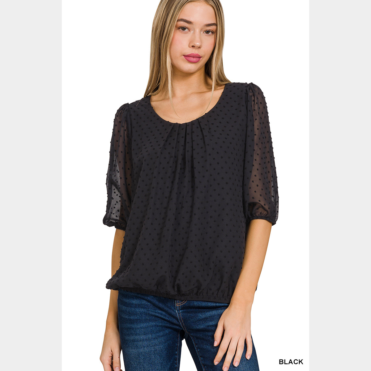 Black Swiss Dot Puff Elastic Cuffed Sleeve Top