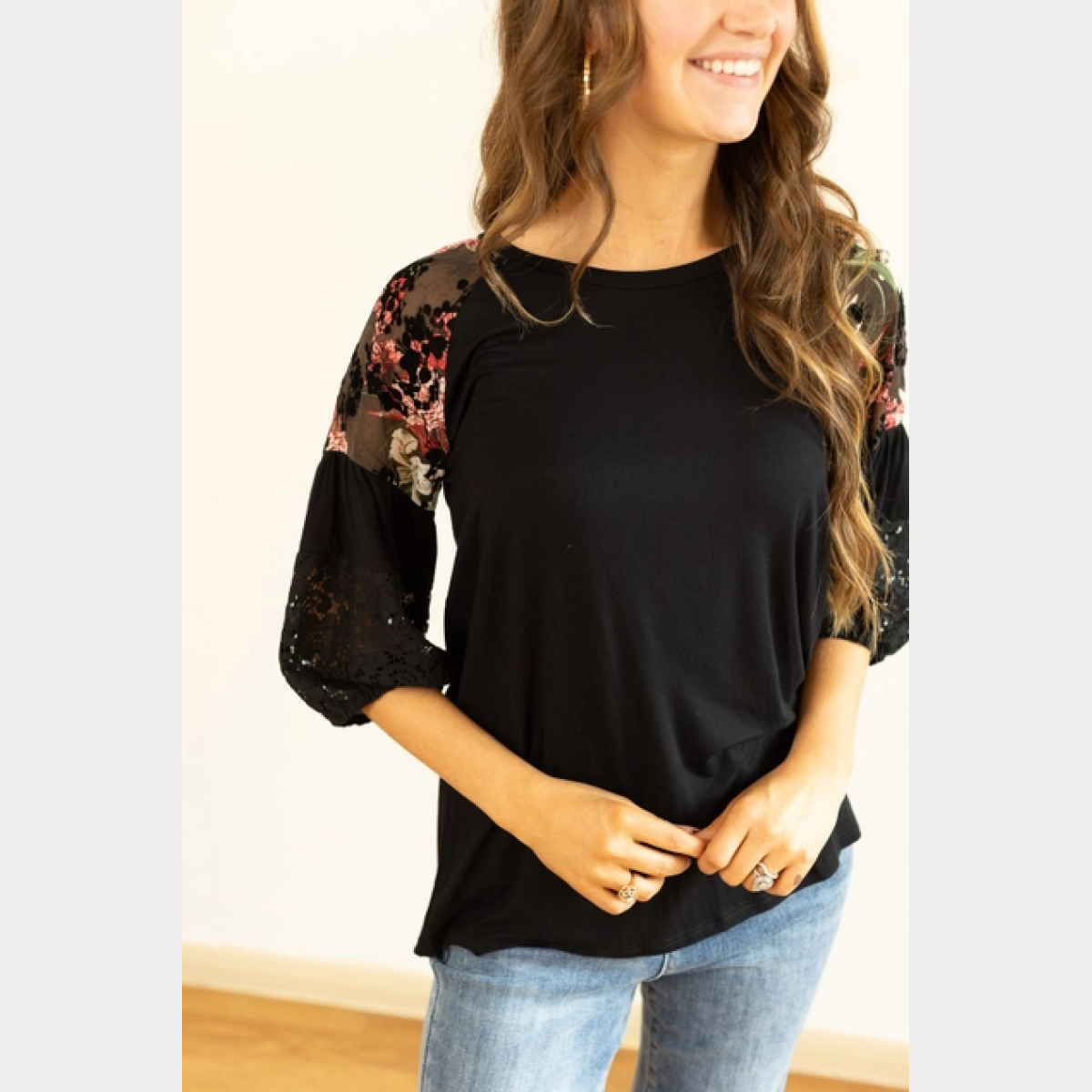 Black Top with Color-Blocked Sleeves