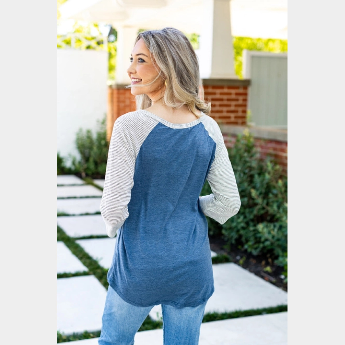 Blank Faded Blue & Grey Striped Raglan