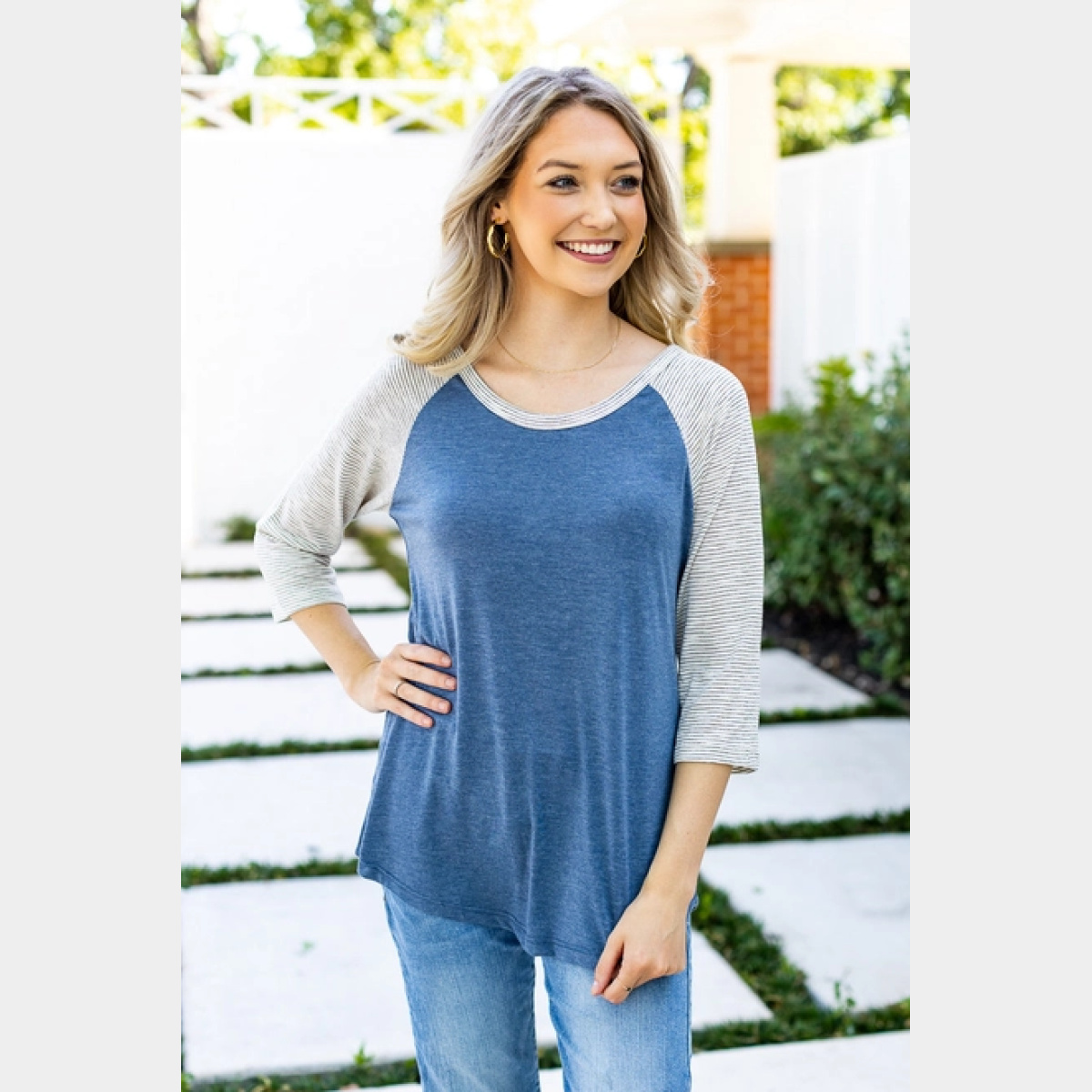 Blank Faded Blue & Grey Striped Raglan