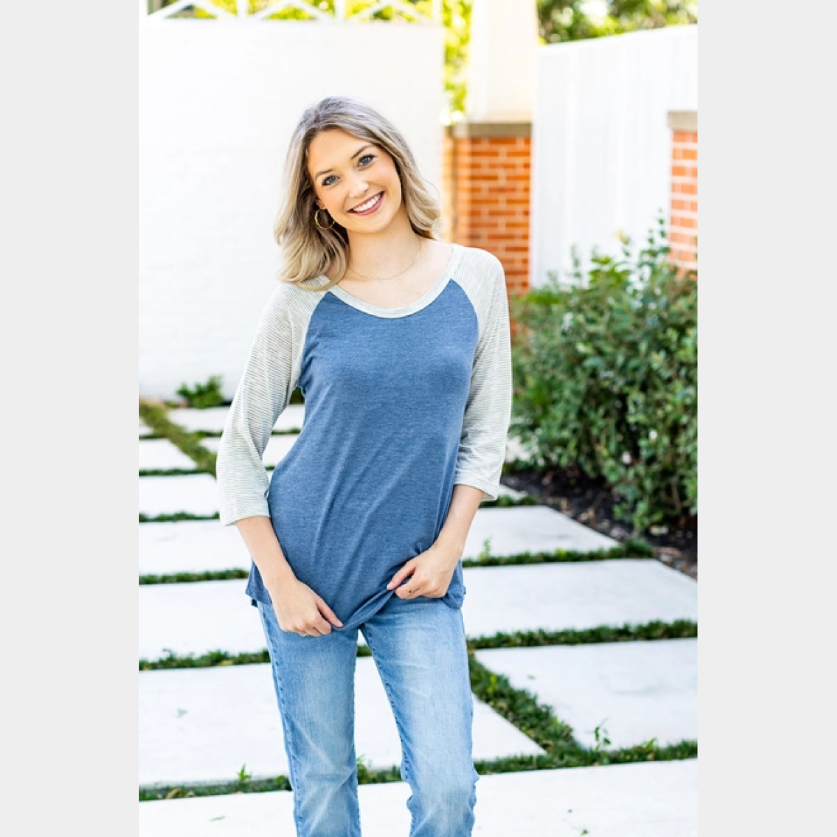 Blank Faded Blue & Grey Striped Raglan