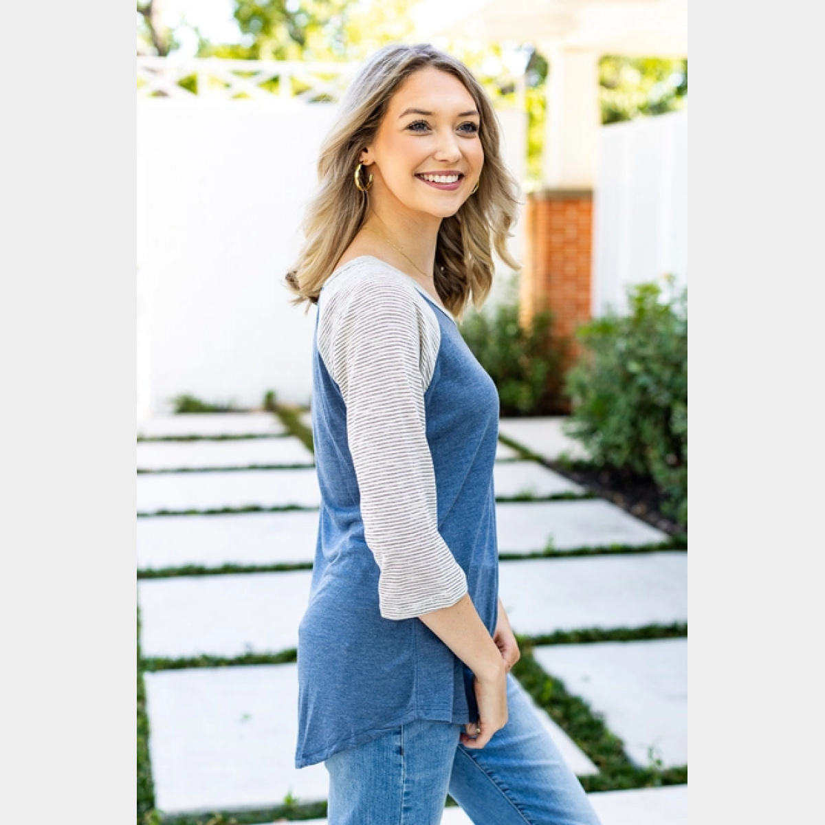 Blank Faded Blue & Grey Striped Raglan