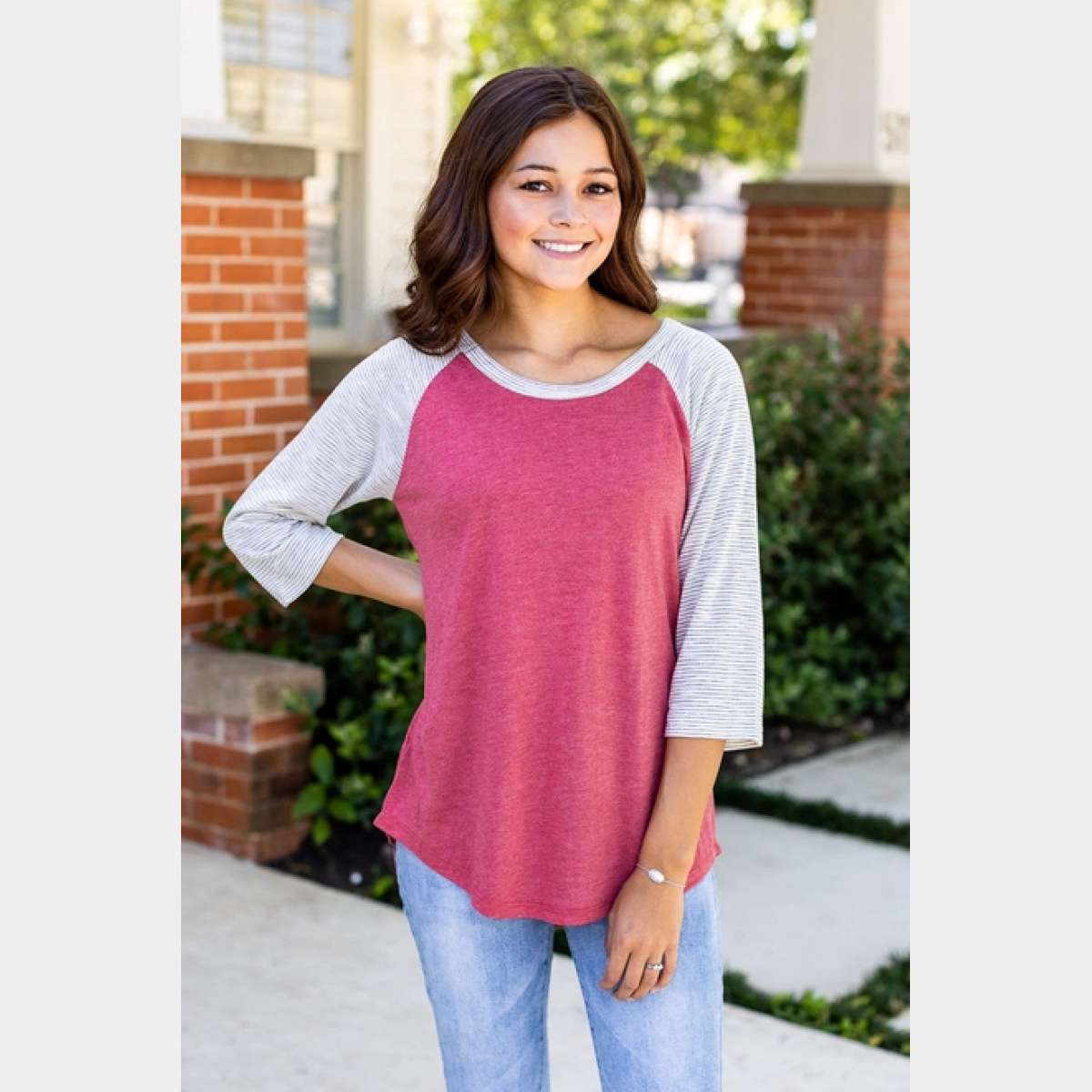 Blank Faded Red & Grey Striped Raglan