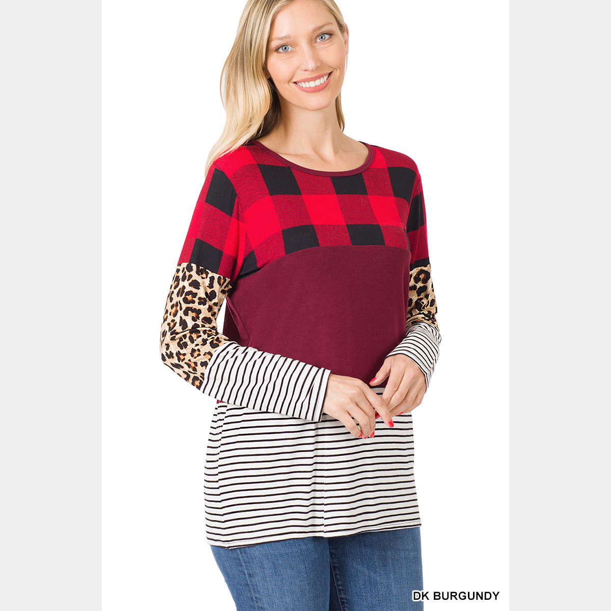 Buffalo Plaid Leopard Striped Splicing Top