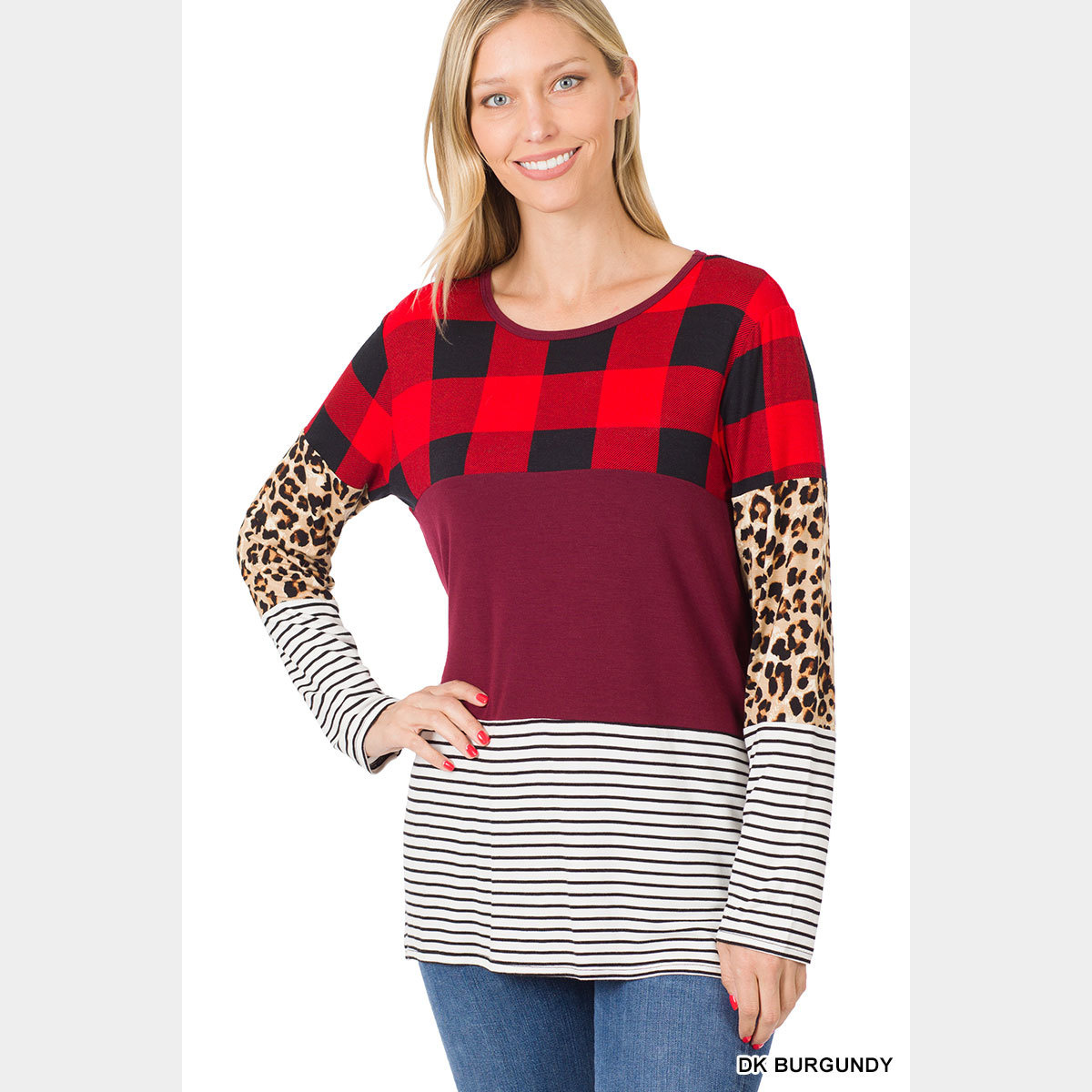 Buffalo Plaid Leopard Striped Splicing Top