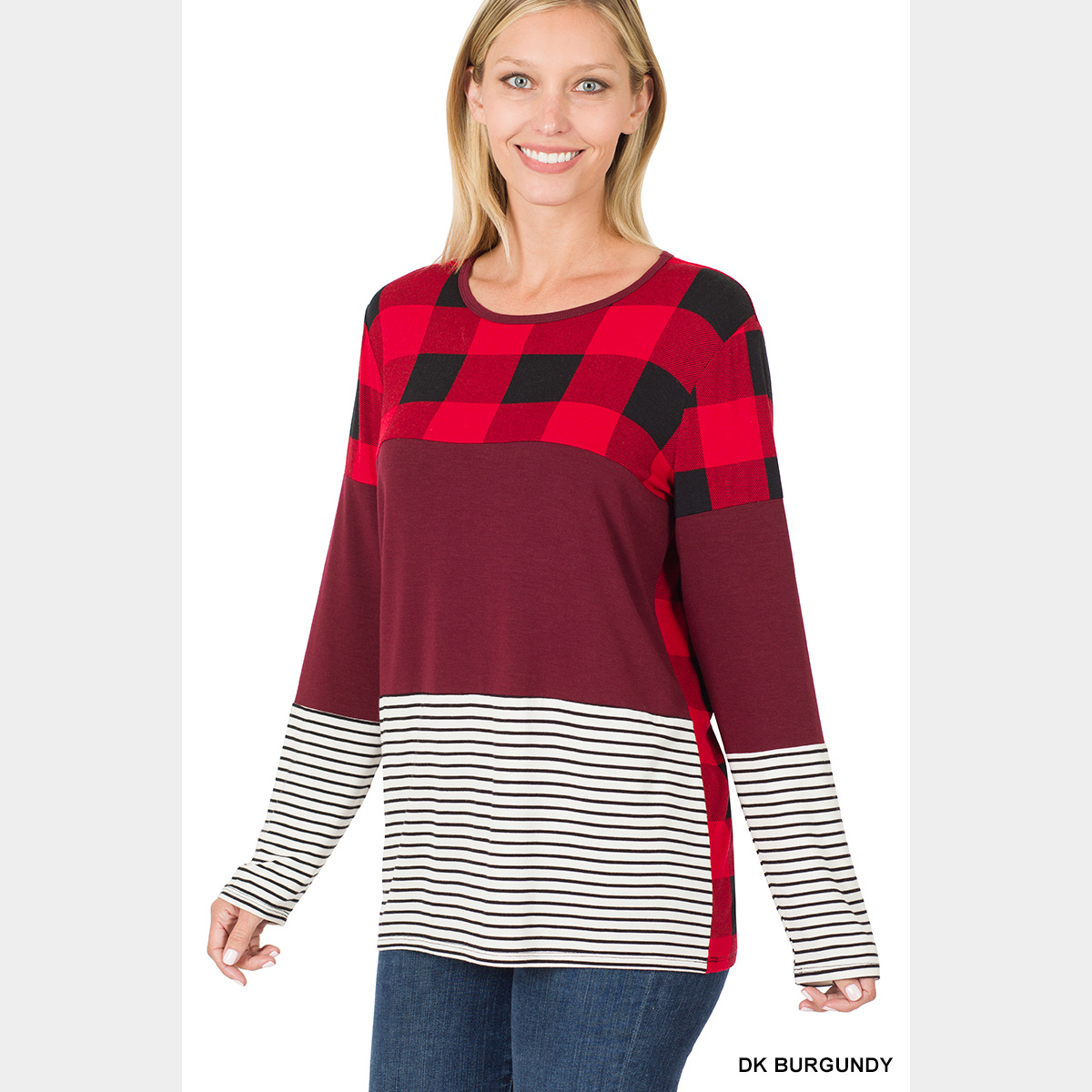 Buffalo Plaid Stripe Colorblock Splicing Top