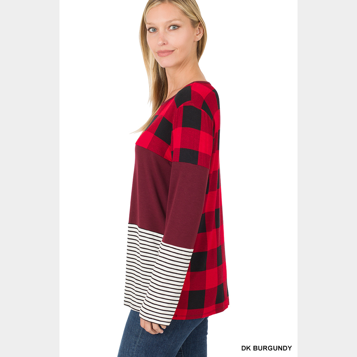 Buffalo Plaid Stripe Colorblock Splicing Top