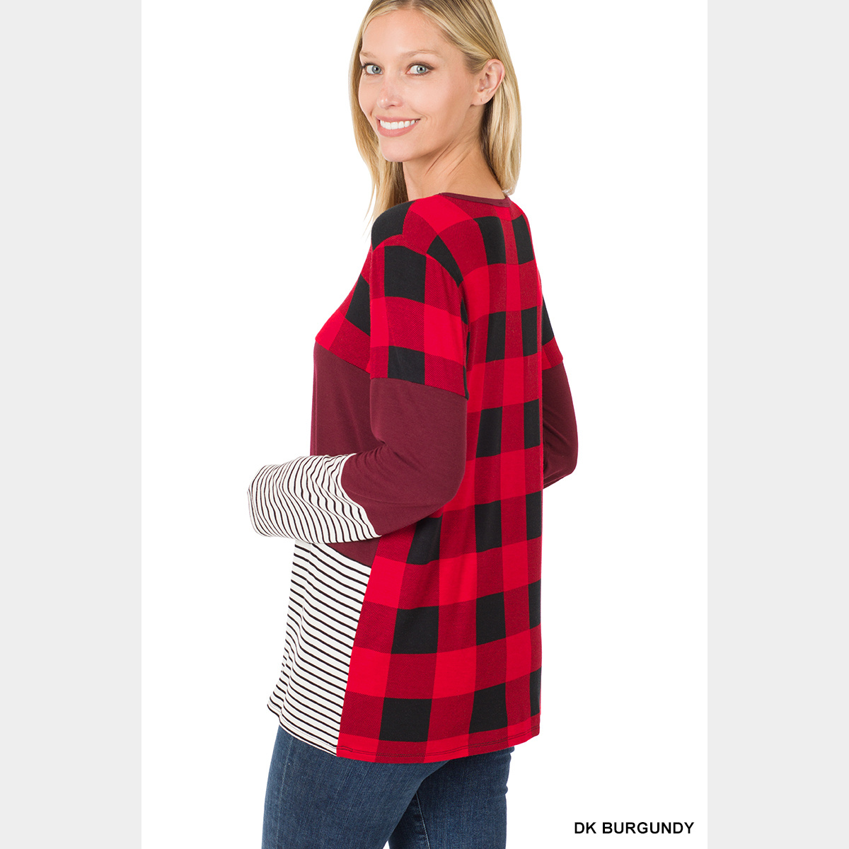 Buffalo Plaid Stripe Colorblock Splicing Top