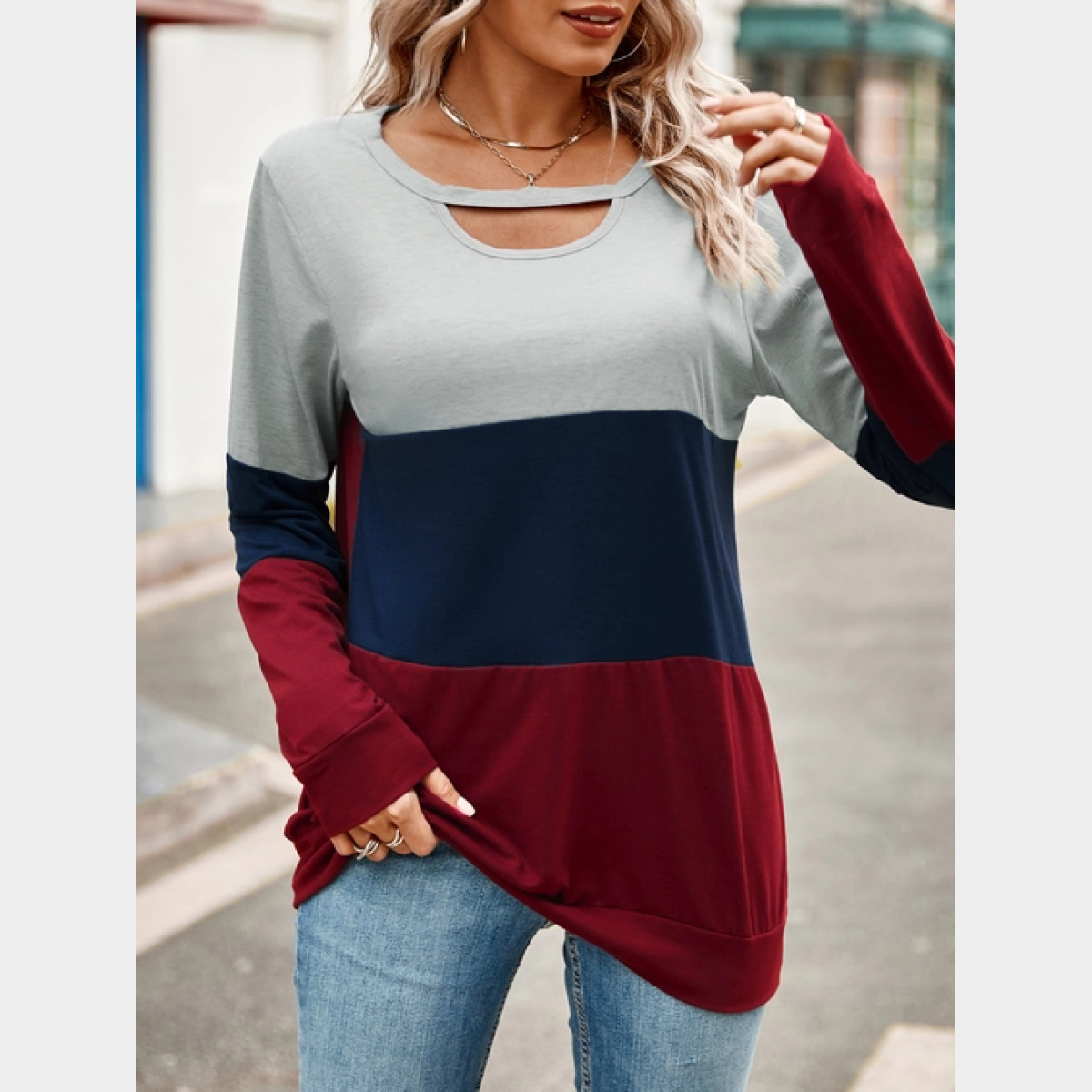 Red Color Blocking Hollow Round Neck Long Sleeved Top