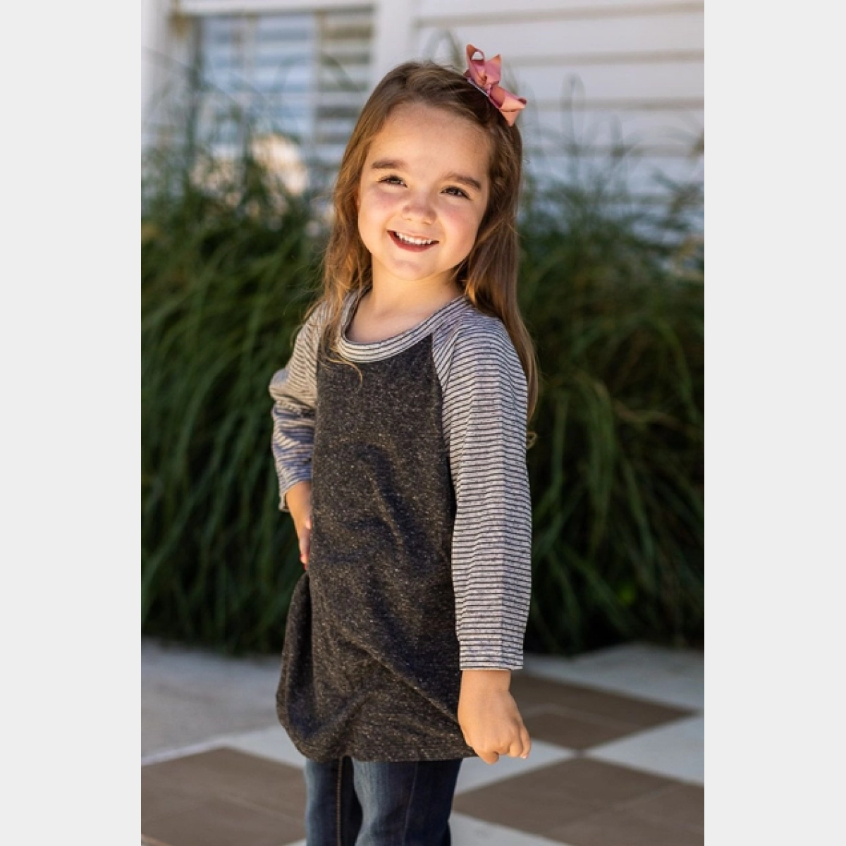 Girls' Blank Short Sleeve Charcoal Body with Grey & Black Striped Sleeve