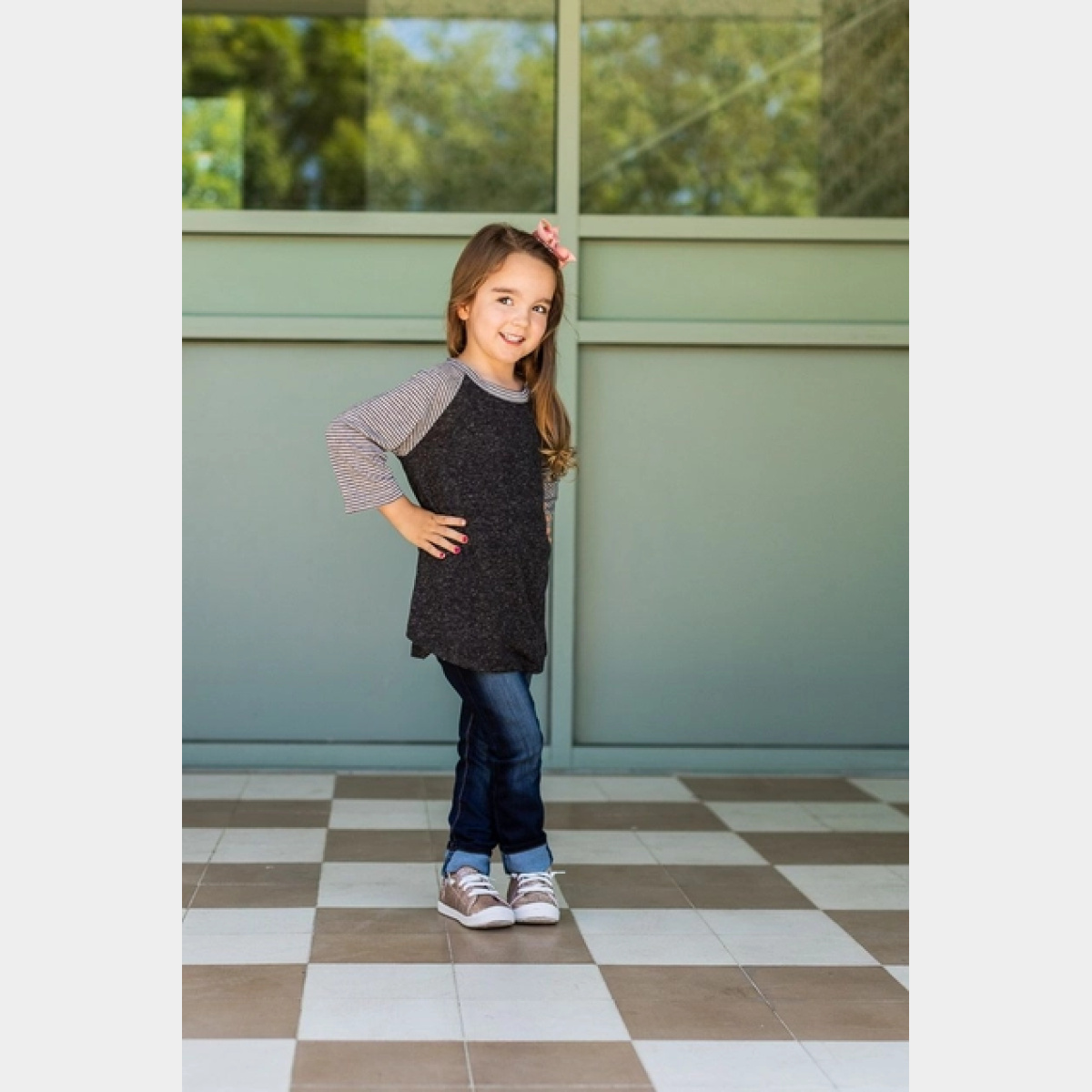 Girls' Blank Short Sleeve Charcoal Body with Grey & Black Striped Sleeve