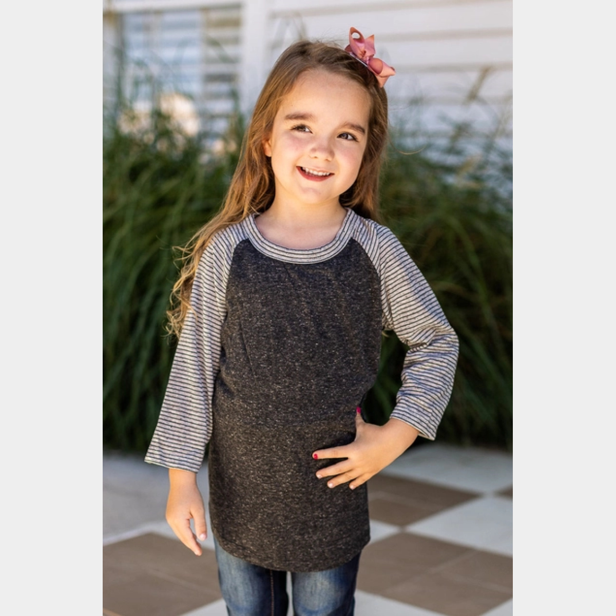 Girls' Blank Short Sleeve Charcoal Body with Grey & Black Striped Sleeve