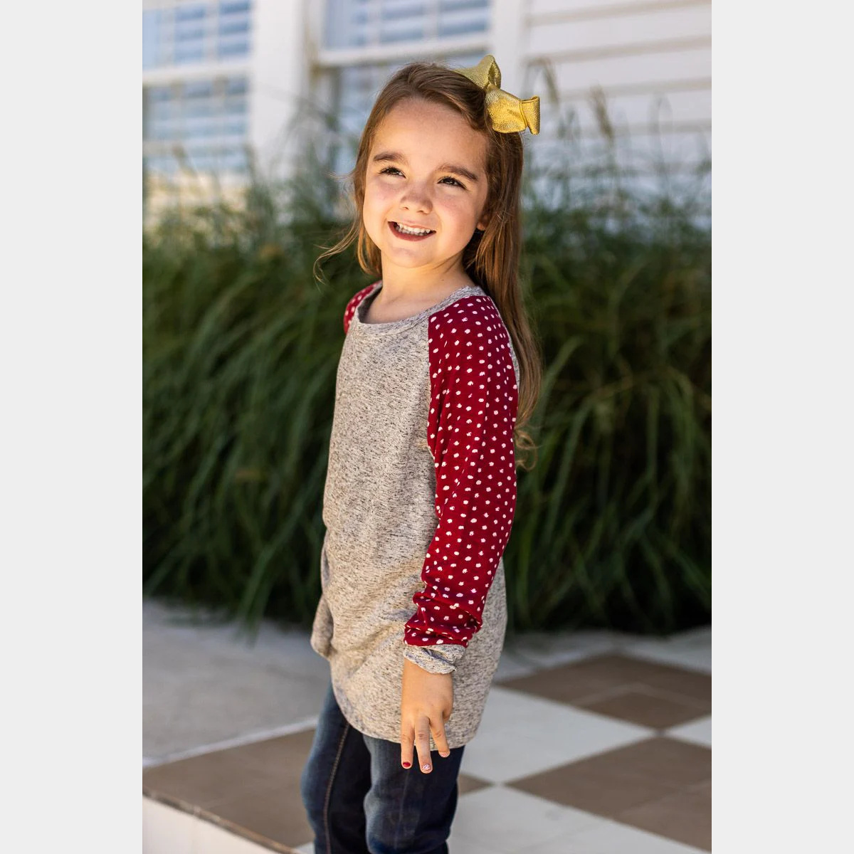 Girls' Grey Longsleeve Tee with Polka Dot Print Sleeves