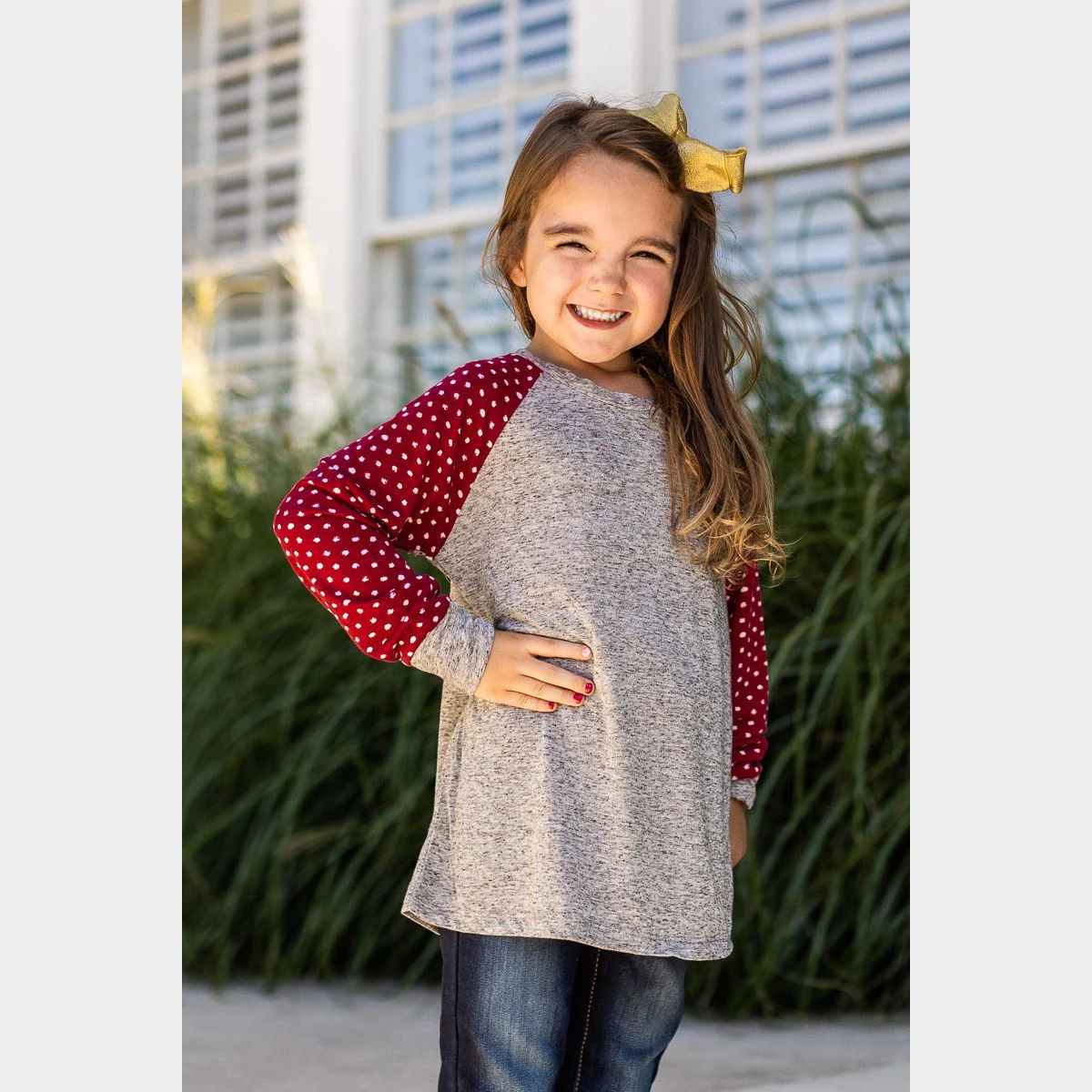 Girls' Grey Longsleeve Tee with Polka Dot Print Sleeves