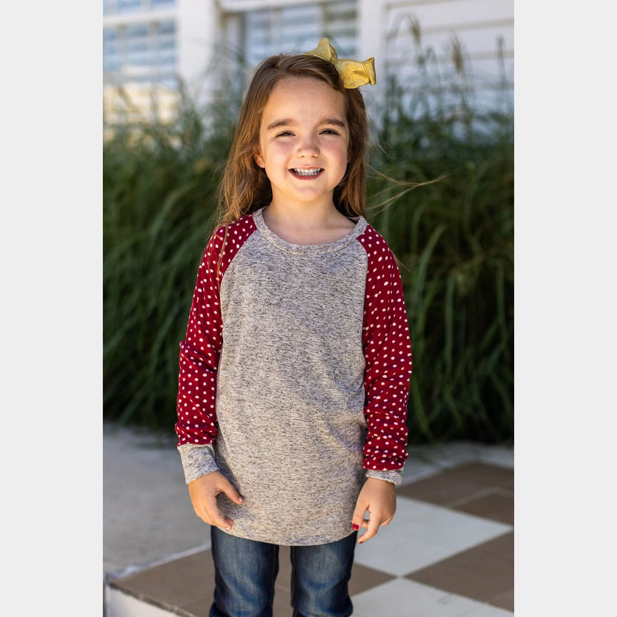 Girls' Grey Longsleeve Tee with Polka Dot Print Sleeves