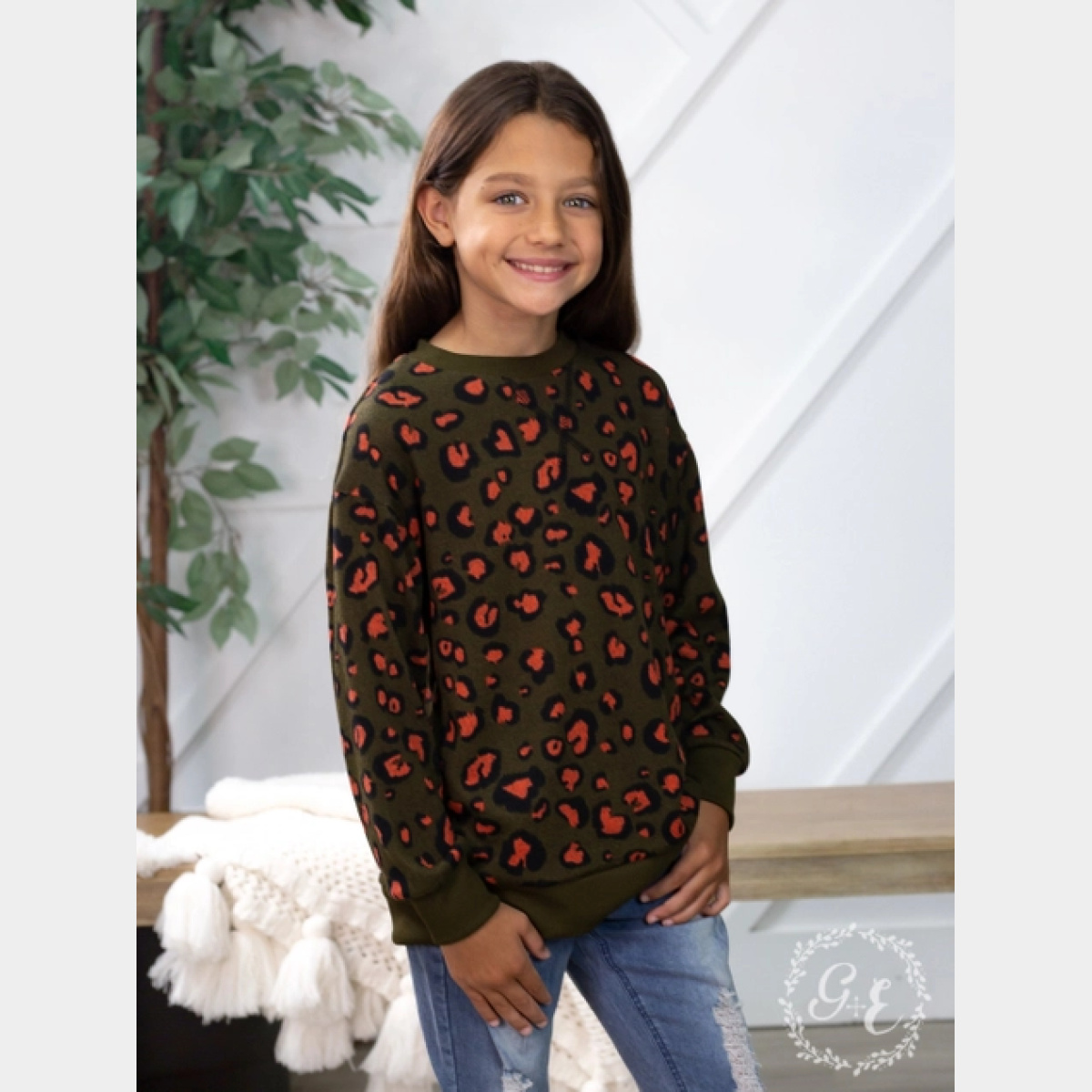 Girls Rawr Like A Leopard Long Sleeve Round Neck Sweater with Knit Wrist