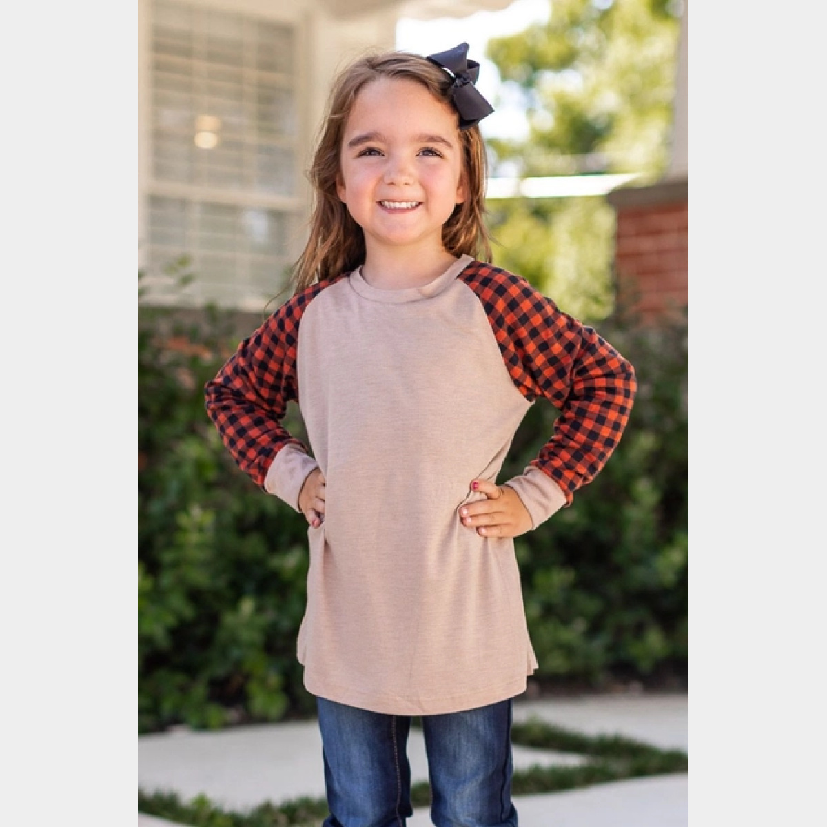 Girls' Tan Longsleeve Tee with Orange Gingham Sleeves