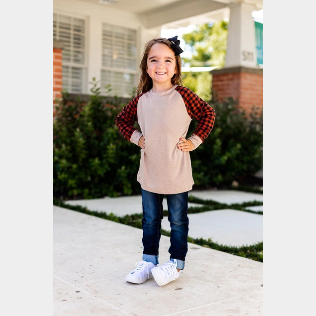 Girls' Tan Longsleeve Tee with Orange Gingham Sleeves