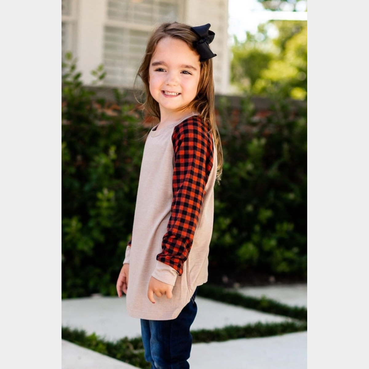 Girls' Tan Longsleeve Tee with Orange Gingham Sleeves