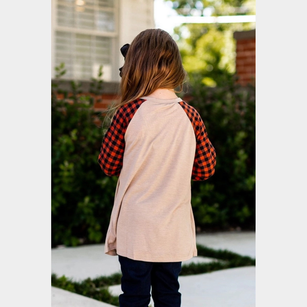 Girls' Tan Longsleeve Tee with Orange Gingham Sleeves