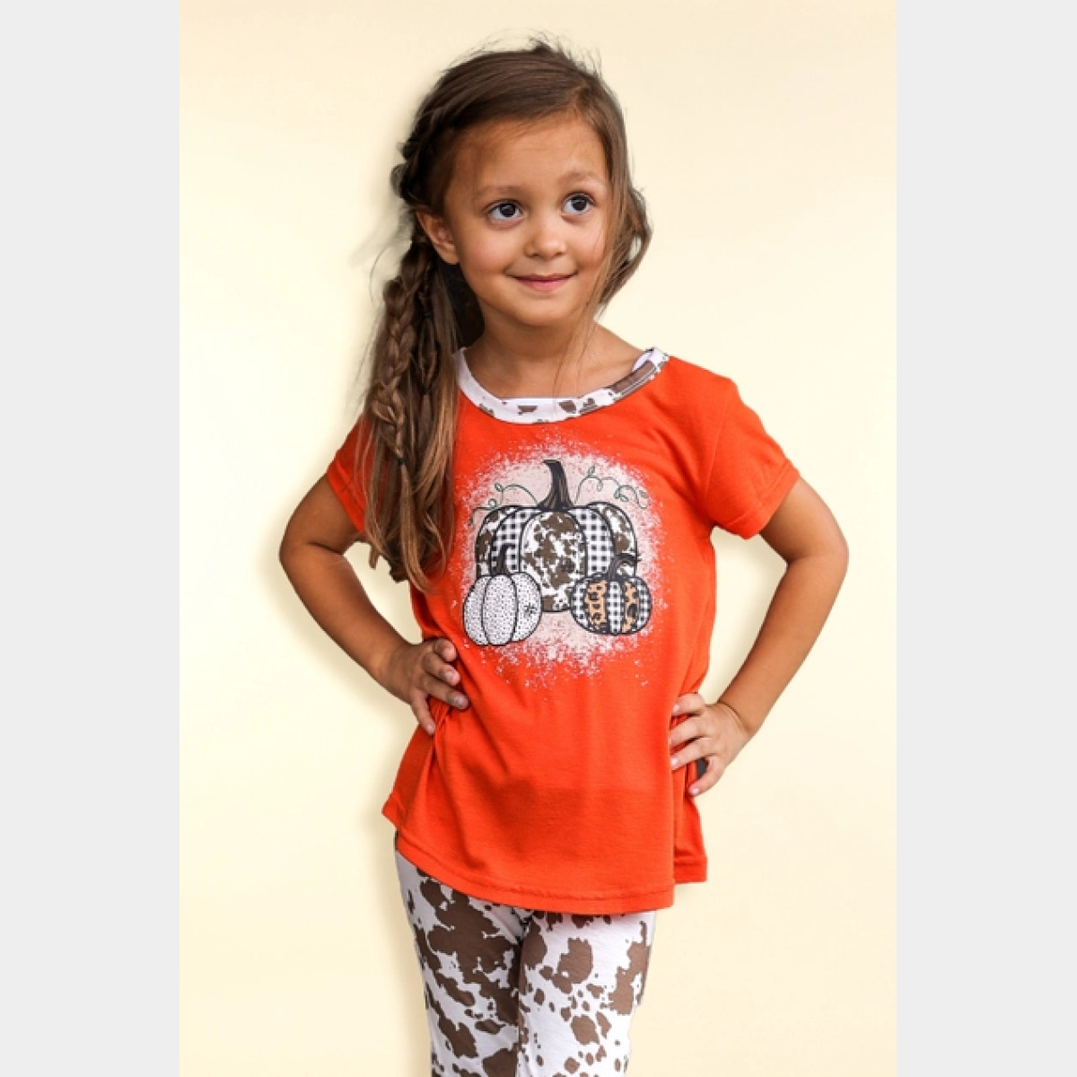 Girls' Triple Pumpkin Leopard, Cow & Orange Ringer Tee